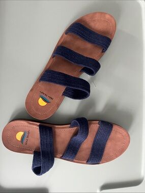 Maui Island Navy Triple-Strap Slide Sandals with Brown Footbed